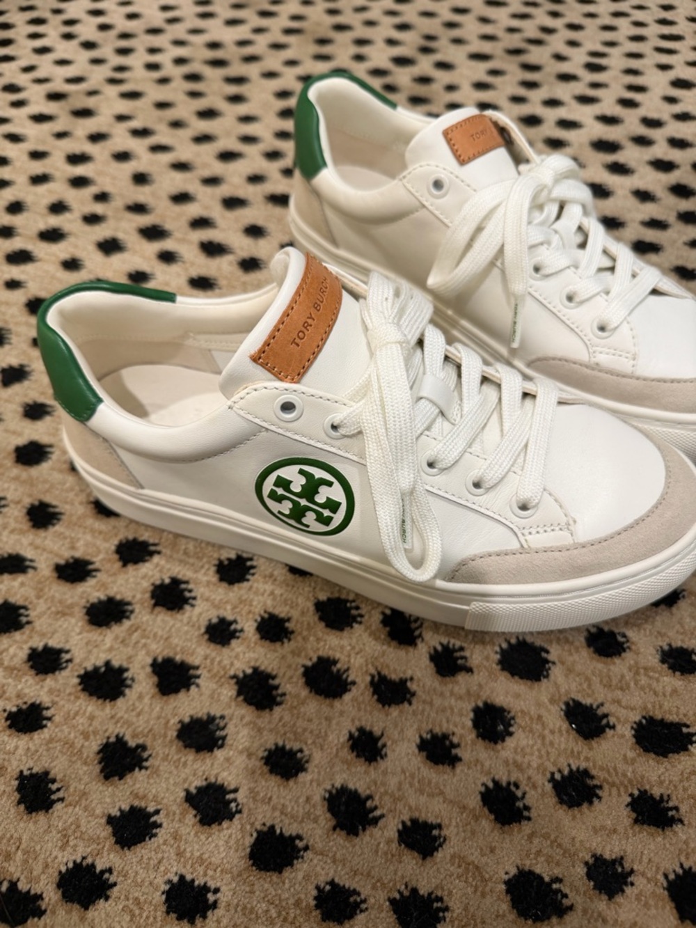 Tory Burch White Leather Sneakers with Green Logo Accent - Picture 2 of 6